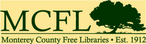 Yellow and green logo with the text, Monterey County Free Libraries.
